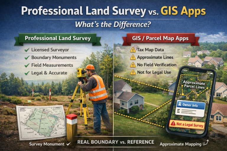 Accurate land survey vs. GIS and parcel map apps for property analysis.